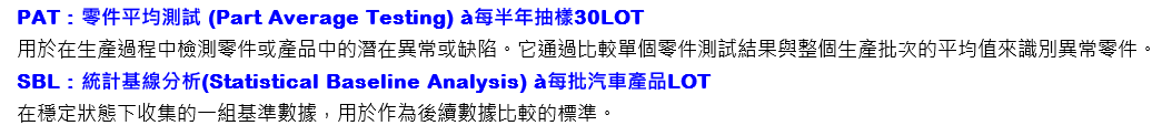 德國車廠品質要求說明:PAT 零件平均測試(每半年抽樣 30 LOT)與 SBL 統計基線分析(每批汽車產品 LOT)